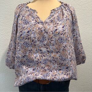 J. Jill Love Linen Boho Peasant Top Purple Blue Cream & Tan Floral Blouse Shirt